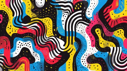 Abstract colorful pattern with wavy lines, dots, and stripes. Vibrant and dynamic background for design projects.