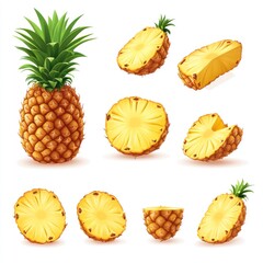 A set of nine realistic pineapples in various states of ripeness, including whole, half, sliced, and quartered pineapples.