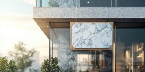 A sleek pentagon store signage design mockup isolated, titanium badge clear shop template mounted on the metal gate outside, signboard for logo presentation of a tech store stands out.