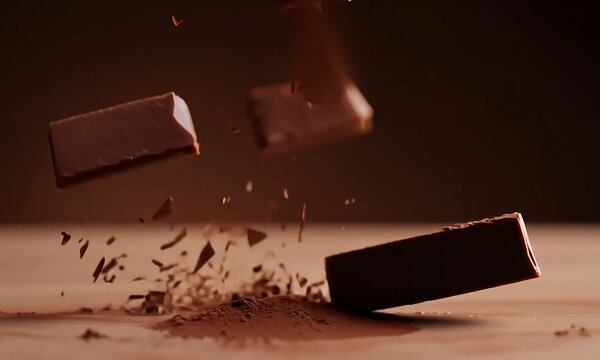 Super slow motion of fall group of raw chocolate pieces.