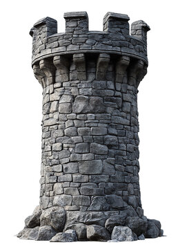 Tower of the castle. A crude medieval defensive tower built of dark stone.