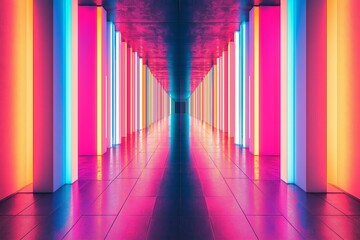 A long hallway with neon colored pillars