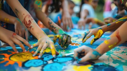 Obraz premium A group of students creating a peace-themed art project, with symbols of harmony and unity