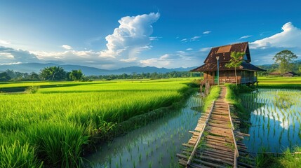 Fototapeta premium Tranquil Rice Paddy Landscape with a Traditional House and Wooden Bridge