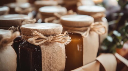 A collection of homemade preserves in jars adorned with burlap and twine, showcased at a vibrant farmers market during autumn.