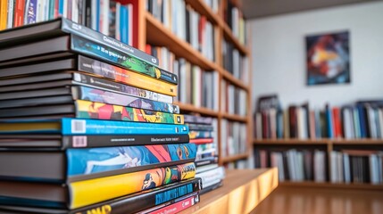 A colorful stack of graphic novels with bold, eye-catching covers, arranged on a modern bookshelf