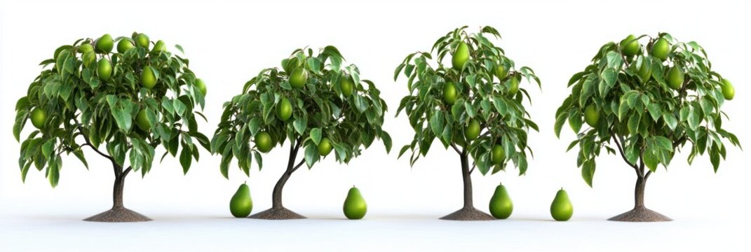 Four small avocado trees with green fruit and leaves on white background.