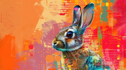 Abstract colorful portrait of a rabbit with bright orange, pink, and blue hues.