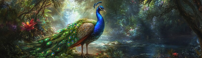 Fototapeta premium A colorful peacock is gold and diamond-studded with shiny, jeweled feathers in a lush forest under sunlight. Digital art