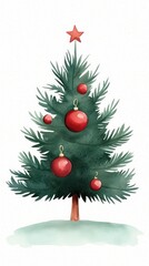 A festive Christmas tree adorned with red ornaments and a star on top, perfect for holiday celebrations and decoration.