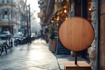 Modern circular store signage design mockup isolated, wooden badge clear shop template standing outside on the sidewalk, signboard for logo presentation of a bakery