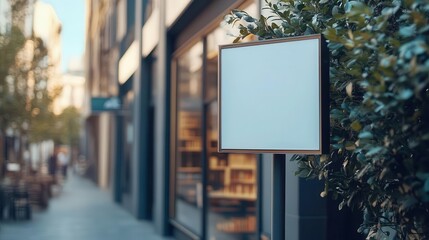 Minimalist rectangular store signage design mockup isolated, acrylic badge clear shop template mounted on a metal pole outside, signboard for logo presentation of a bookstore