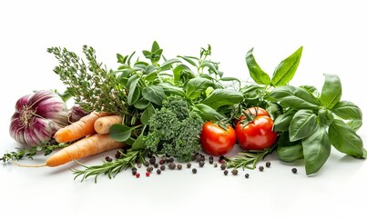 Fresh organic vegetables and herbs on white background