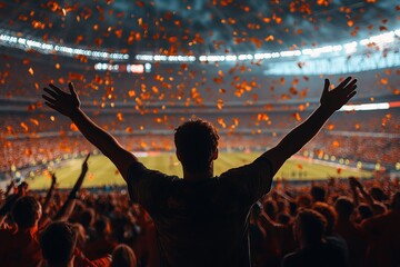 Football fans celebrating a victory in stadium, Generative AI