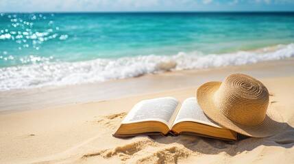An open book on a sandy beach, with the ocean waves gently rolling in the background and a sunhat placed nearby