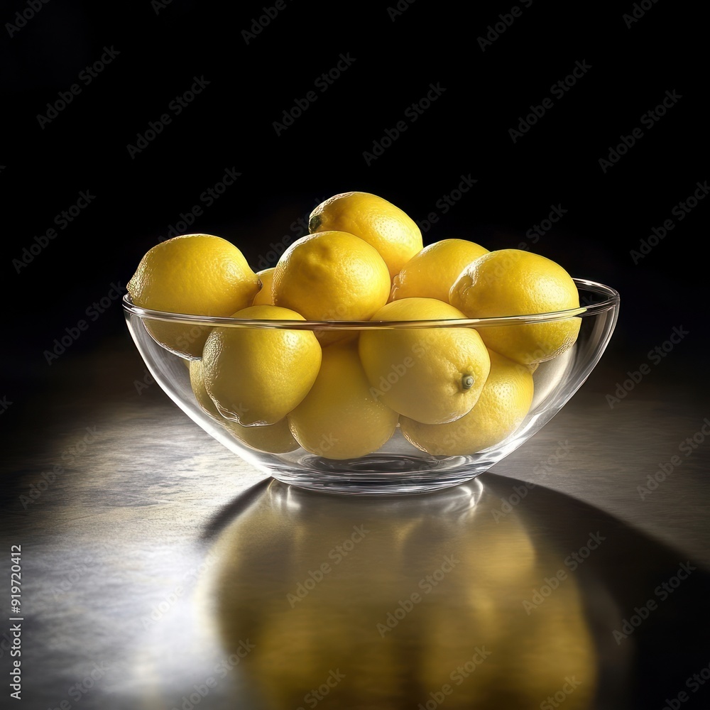 Canvas Prints a glass bowl filled with fresh lemons sits on a metal surface, a dark background behind.