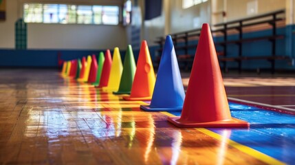 Colorful cones on the gym floor, a sport for children to practice physical education learning skills in school.