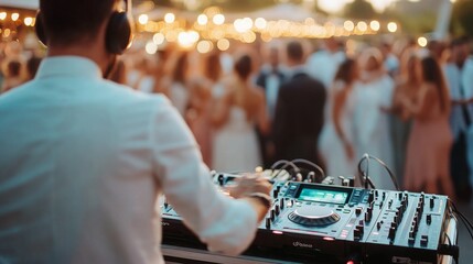 A DJ mixes tracks at a lively outdoor wedding reception while guests dance and celebrate in the...