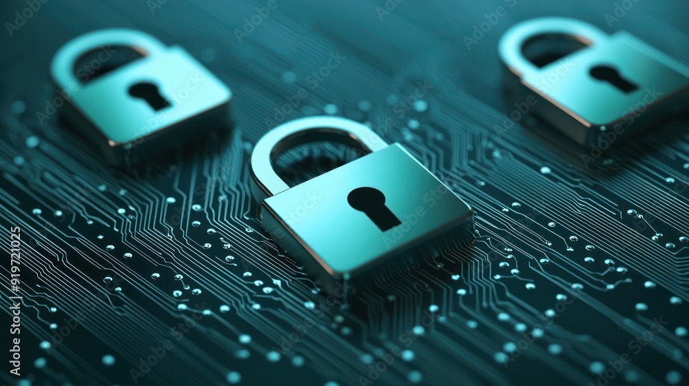 Poster modern digital locks on a circuit board, symbolizing cybersecurity and data protection in a technolo