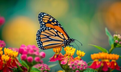 Fototapeta premium Vibrant monarch butterfly resting on a colorful flower