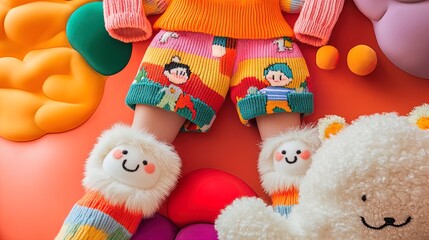 Obraz premium Colorful Cartoon Character Knitted Shorts and Cheerful Fuzzy Slippers - Perfect for a Fun Sports Room Poster or Playful Fashion Inspiration!