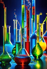 detailed exploration vivid chemical reactions laboratory environments colorful visual displays transformative processes, analysis, chemicals, colors