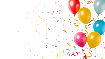 Creative party template. Colourful balloon, streamer, confetti on transparent background cutout, PNG file. Mockup template for artwork. Wallpaper banner