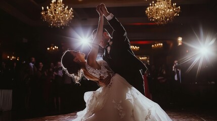 A couple shares a heartfelt dance at their wedding reception, illuminated by elegant chandeliers and spotlights.