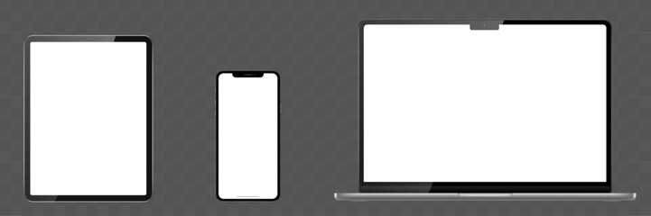 Realistic Set of laptop, tablet, phone on transparent background with white transparent screen. Vector illustration.	