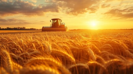 Fototapeta premium Harvesting wheat at sunset in a sprawling golden field with a tractor working the land