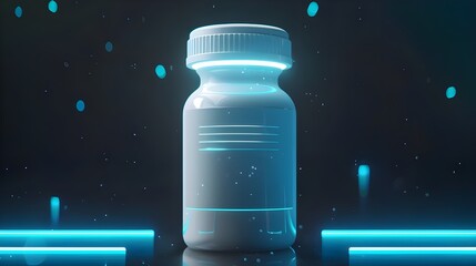 Blue glowing letters, blue foil highlights, a minimal future tech style font, and a white supplement bottle with a white label