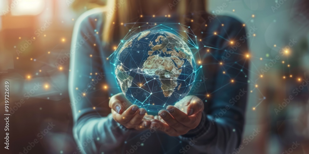 Poster the woman holds a global network connection in the future. we will be able to communicate with each 