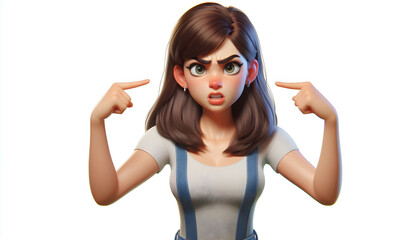 angry girl is actively gesticulating, emotion anger, 3d portrait of a young woman is isolated on white