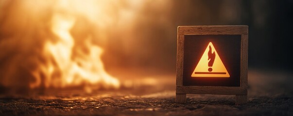 Warning sign indicating a fire hazard, illuminated by flames in the background, emphasizing safety and caution in hazardous environments.