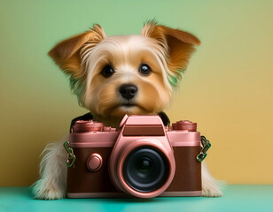 pastel color baby dog holding camera on white background