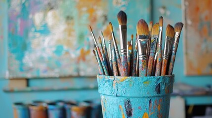 Brushes in an artist's studio
