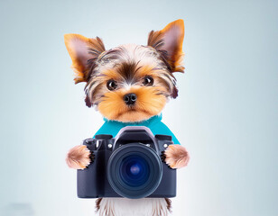 pastel color baby dog holding camera on white background