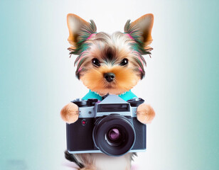 pastel color baby dog holding camera on white background