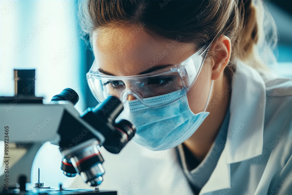 Poster selective focus of female scientist looking at microscope while working in laboratory