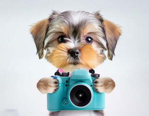 pastel color baby dog holding camera on white background
