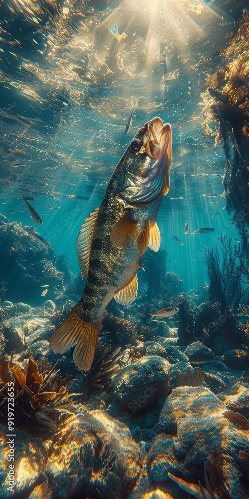 Wall mural Close up of fish swimming in water surrounded by sea plants and grass.