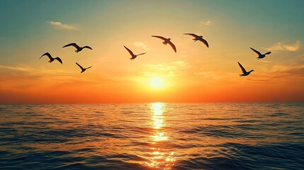 Obraz premium The sunrise.Gulls over the sea.Early morning over the ocean.