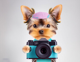 pastel color baby dog holding camera on white background