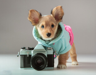 pastel color baby dog holding camera on white background
