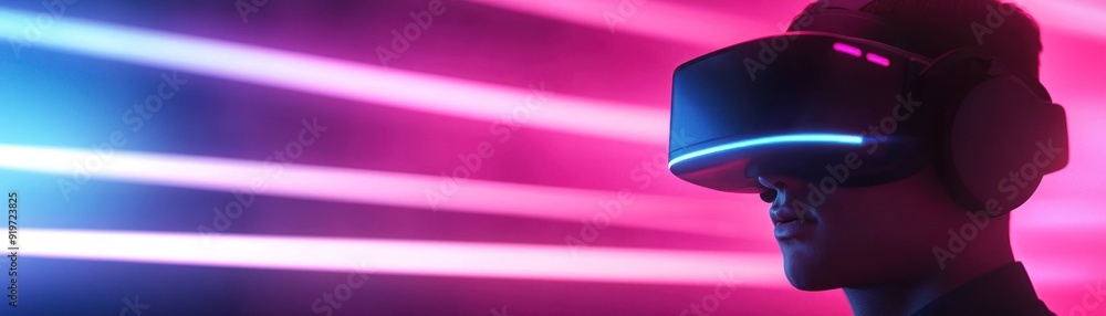 Aufkleber a person experiences virtual reality in a dynamic and colorful environment with vibrant lights and i
