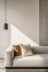 Minimalist living room interior design composition in neutral tones with minimal furniture and natural lighting. Luxury apartment conceptual image.