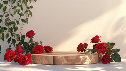Product showcase: Wooden podium and red roses on light backdrop, with room for text