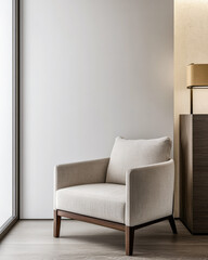 Minimalist living room interior design composition in neutral tones with minimal furniture and natural lighting. Luxury apartment conceptual image.