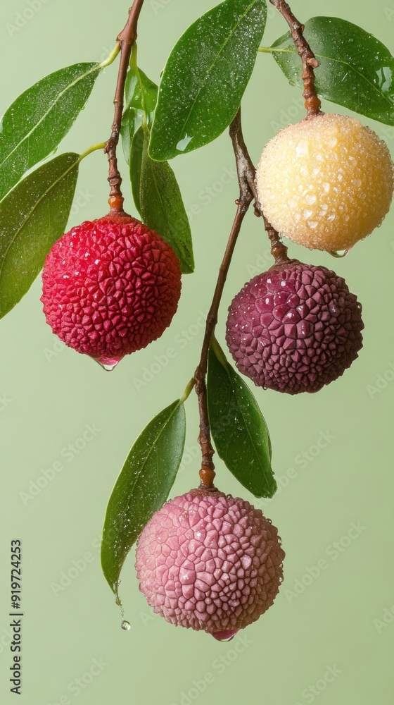 Sticker Four lychees hanging on a branch with green leaves and water drops.