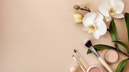beauty products with powder and orchid flowers